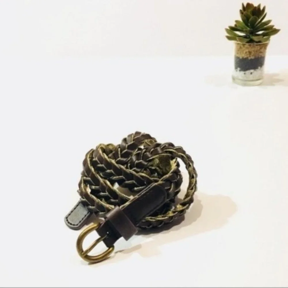 New Dark Brown & Gold Skinny Braided Belt